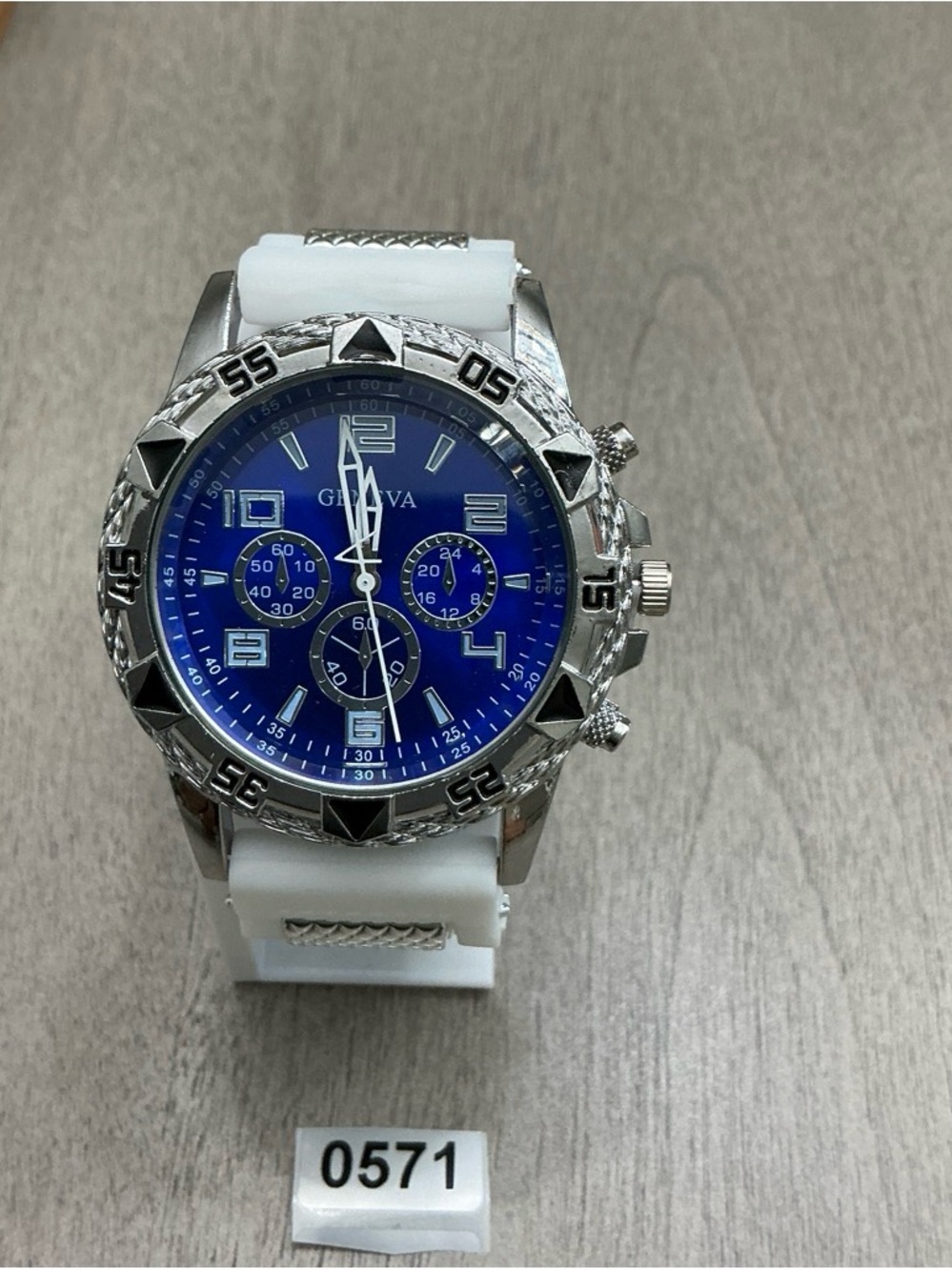 Geneva Silver Case Blue Dial Watch with White Strap